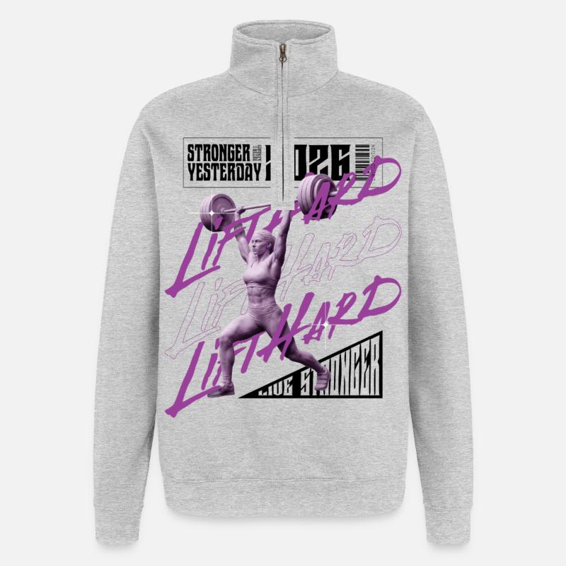 Gewichtheberfrau, lila rosa dunkle Version - Quarter-Zip-Sweatshirt - Grau meliert