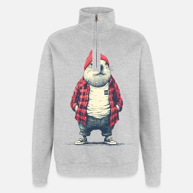 Biber in roter Plaidjacke - Quarter-Zip-Sweatshirt - Grau meliert