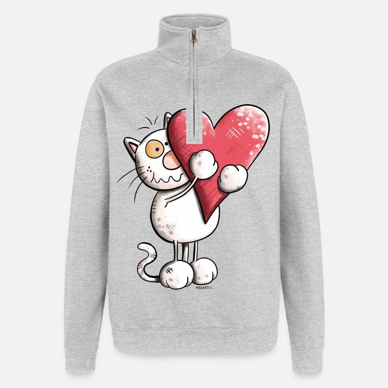 Katze mit Herz - Quarter-Zip-Sweatshirt - Grau meliert