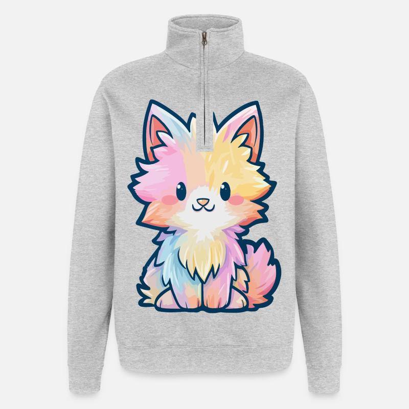 Chaton Fluff Arc-en-ciel Pastel - Sweat à zip 1/4 - gris chiné
