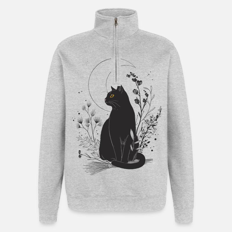 Chat noir au clair de lune - Sweat à zip 1/4 - gris chiné