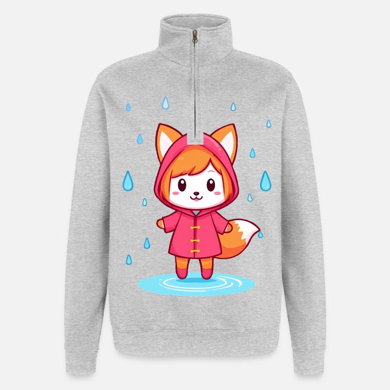Petit renard chibi en imperméable - Sweat à zip 1/4 - gris chiné