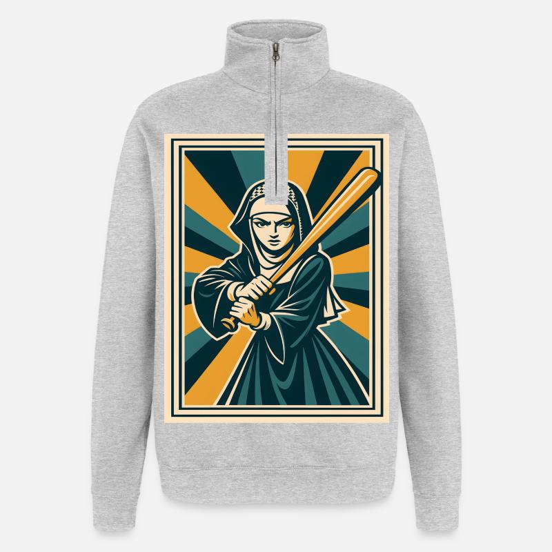 Nonne avec une batte de baseball - Sweat à zip 1/4 - gris chiné