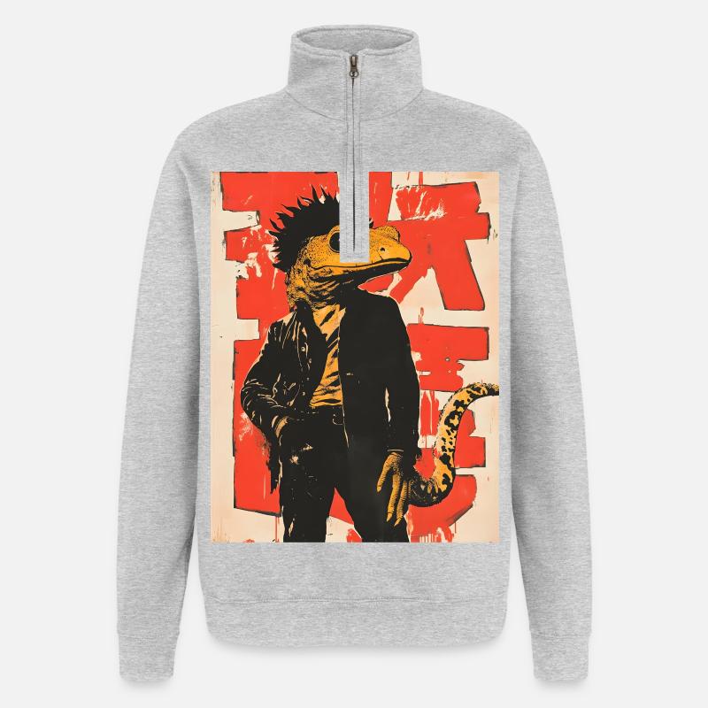 Dino Gecko Punk with Graffiti - Quarter-Zip Sweatshirt - heather grey
