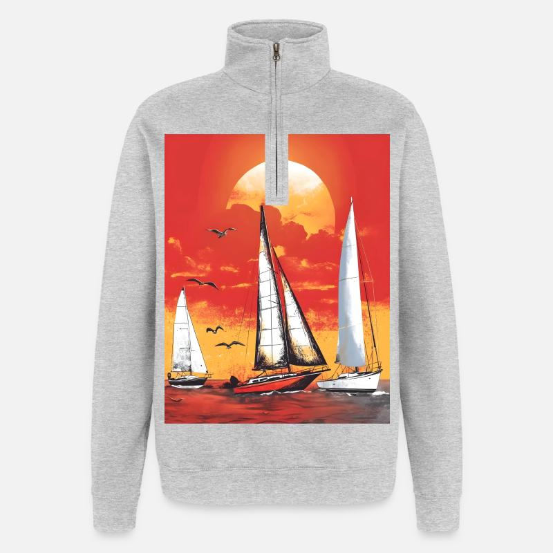 Coucher de soleil avec voilier - Sweat à zip 1/4 - gris chiné