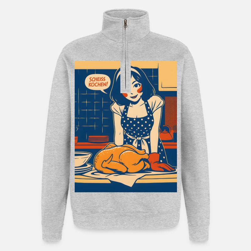 Pop-Art Küchenchaos mit Spruch - Quarter-Zip-Sweatshirt - Grau meliert