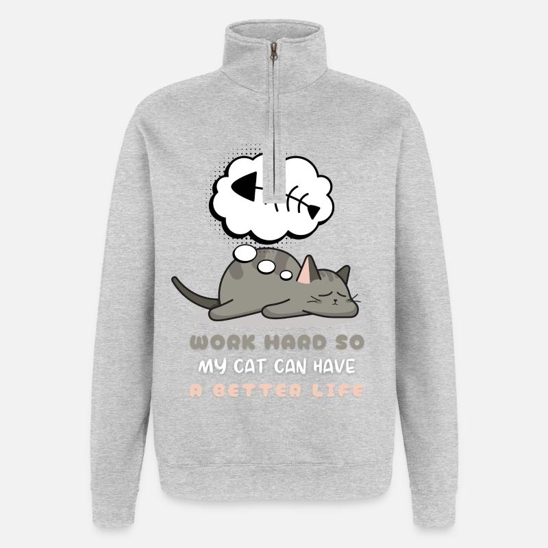 Travailler dur pour mon chat - Sweat à zip 1/4 - gris chiné