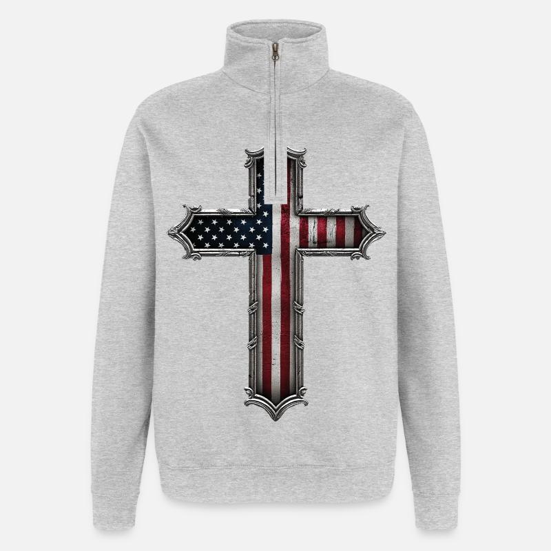 Drapeau de la Croix des États-Unis - Sweat à zip 1/4 - gris chiné