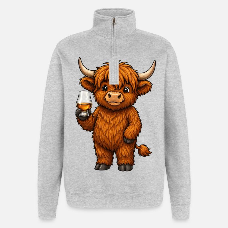 Highland Cattle mit Whiskyglas - Quarter-Zip-Sweatshirt - Grau meliert