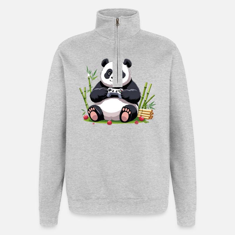 Panda mignon avec manette de jeu - Sweat à zip 1/4 - gris chiné