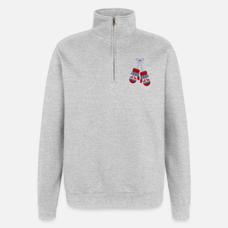 Moufles de Noël brodée (imprimé) - Sweat à zip 1/4 - gris chiné