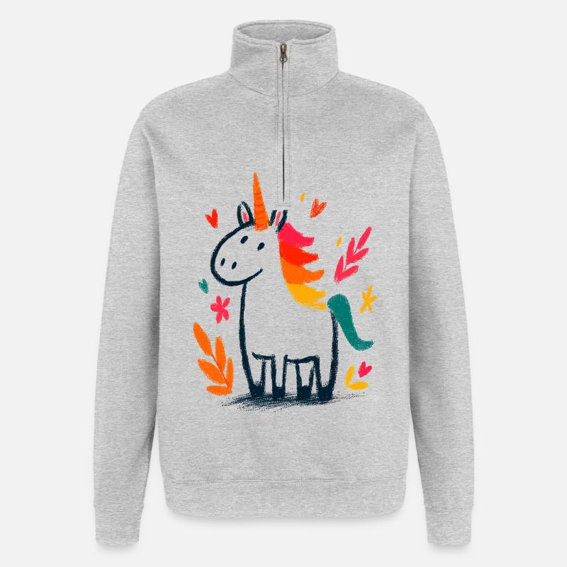 Licorne pastel avec crinière arc-en-ciel - Sweat à zip 1/4 - gris chiné