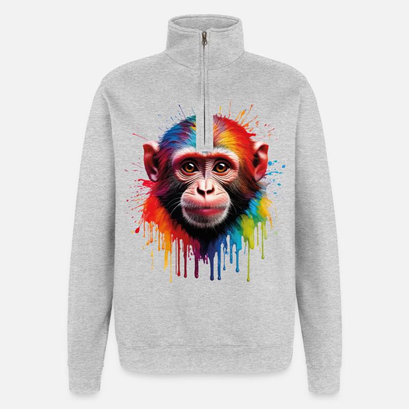 Bunter Affe mit Farbexplosion - Quarter-Zip-Sweatshirt - Grau meliert