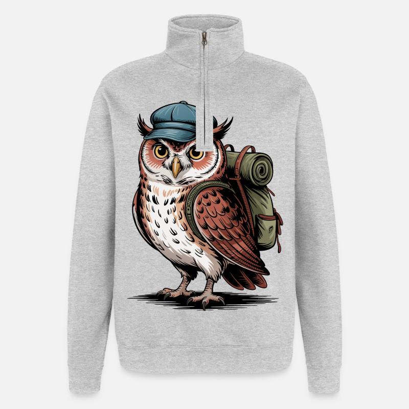 Wandernde Eule mit Rucksack - Quarter-Zip-Sweatshirt - Grau meliert