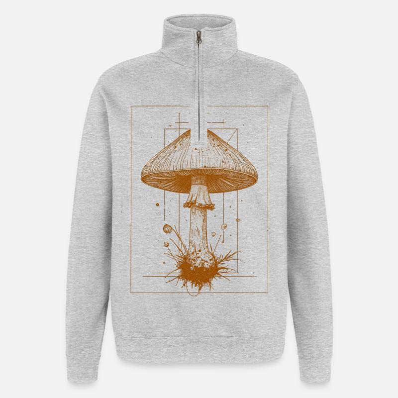 Champignon géométrique en orange - Sweat à zip 1/4 - gris chiné