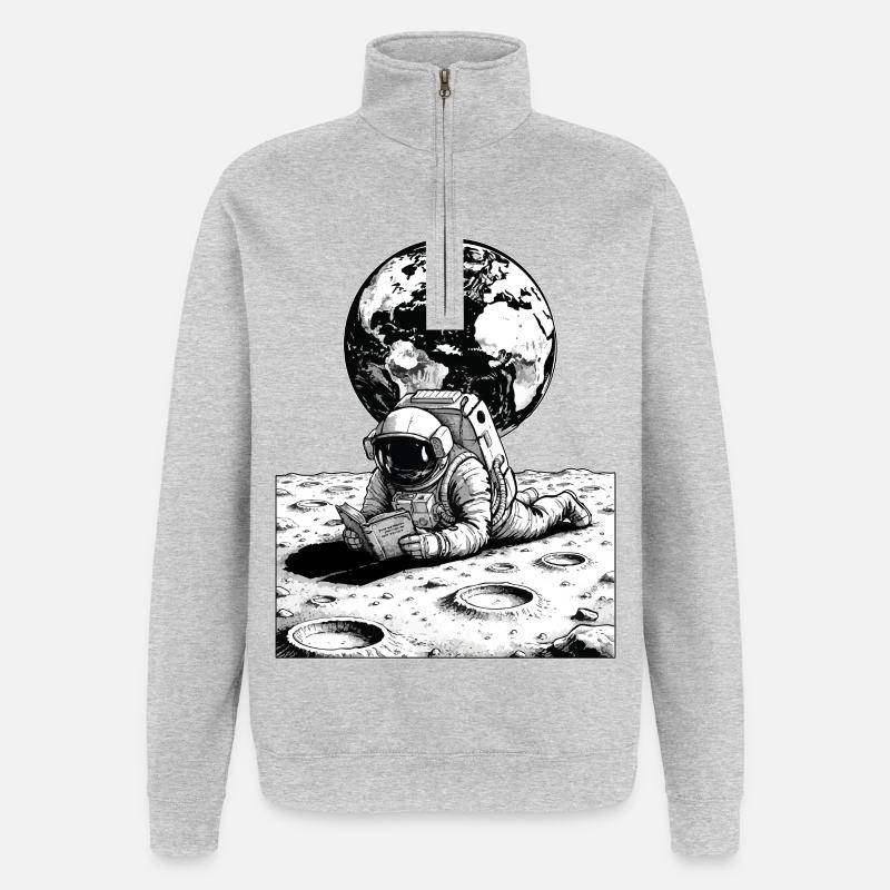 Astronaute Lecture Lune Terre - Sweat à zip 1/4 - gris chiné