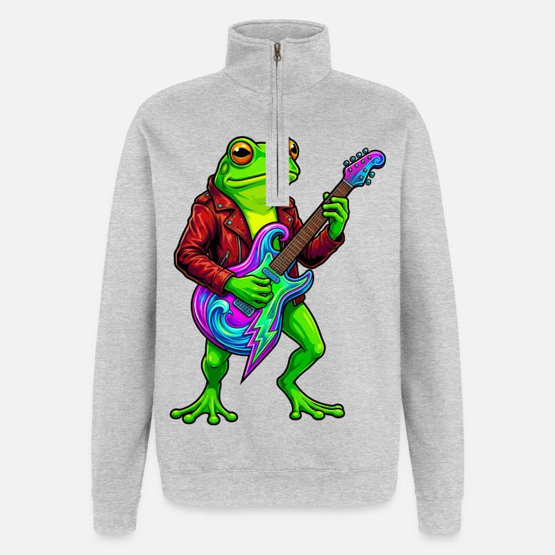 Frosch mit Jacke und Neon E-Gitarre - Quarter-Zip-Sweatshirt - Grau meliert