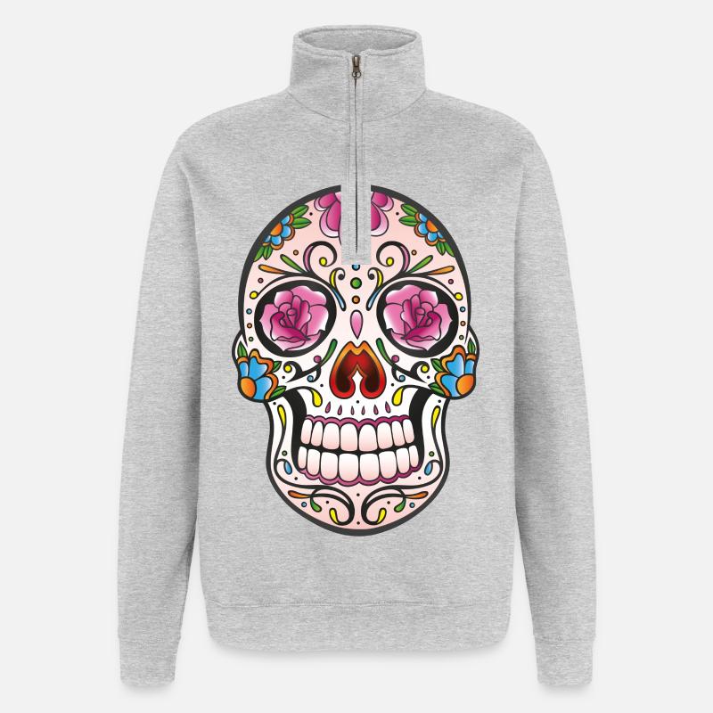 Mexican Sugar Skull, day of the dead - Sweat à zip 1/4 - gris chiné