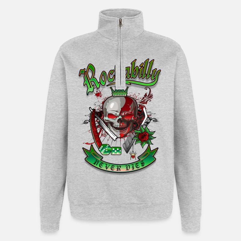 Rockabilly Skull - Sweat à zip 1/4 - gris chiné