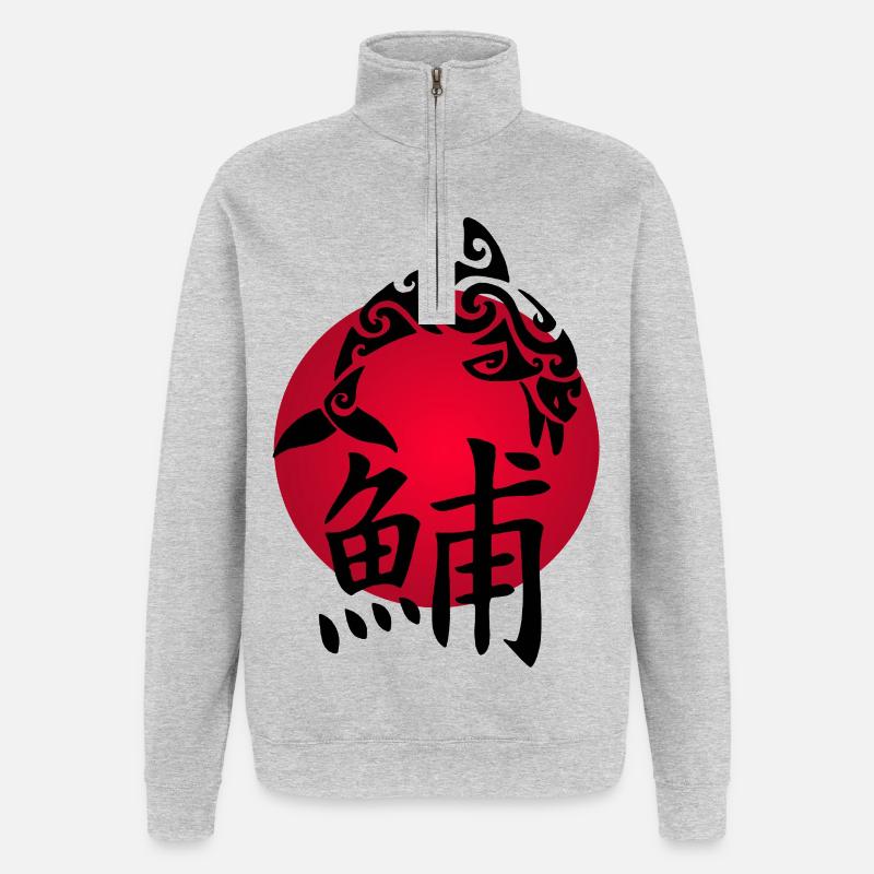 Dauphin noir et soleil rouge - Sweat à zip 1/4 - gris chiné