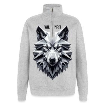 Geometric wolf with "Wild Spirit" motif - Quarter-Zip Sweatshirt - heather grey - Front - AI Model Female 172 light (172cm) & AI Model Male 178 dark (178cm)