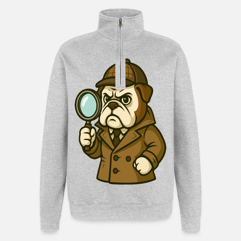 Detective Bulldog mit klassischem Sherlock-Look - Quarter-Zip-Sweatshirt - Grau meliert