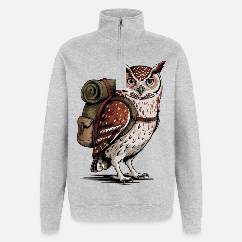 Wald-Eule mit Rucksack - Quarter-Zip-Sweatshirt - Grau meliert