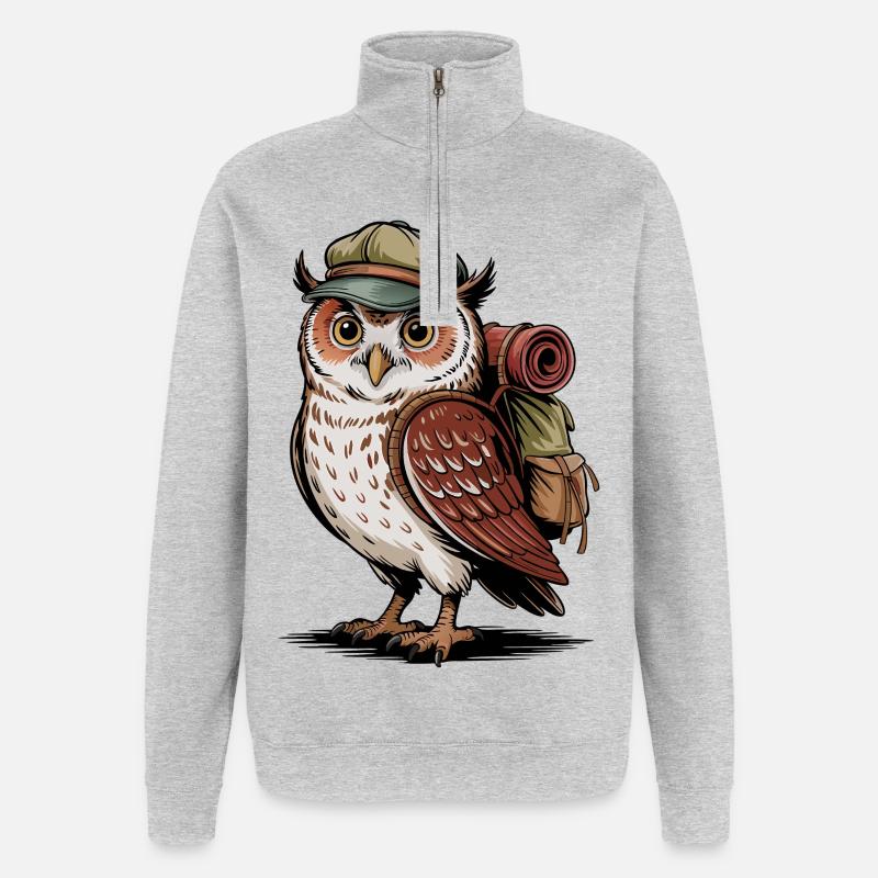 Waldwanderer Eule mit Rucksack - Quarter-Zip-Sweatshirt - Grau meliert