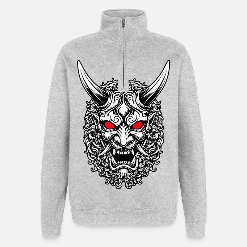 Masque Oni Portrait Rouge Japonais - Sweat à zip 1/4 - gris chiné