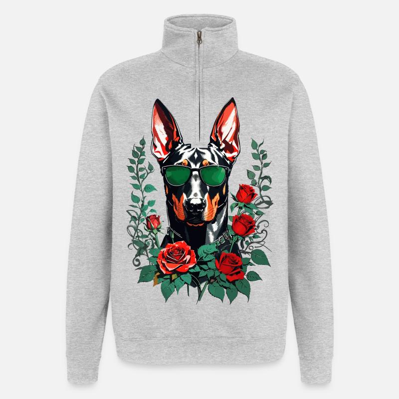 Dobermann mit Rosen - Quarter-Zip-Sweatshirt - Grau meliert