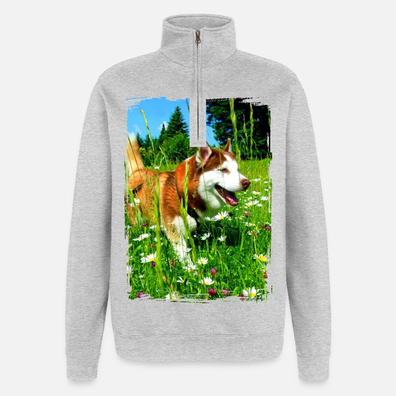 Husky dans un champ de fleurs - Sweat à zip 1/4 - gris chiné
