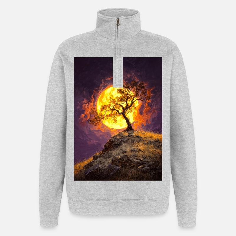Einsamer Baum im Mondschein auf Klippe - Quarter-Zip-Sweatshirt - Grau meliert