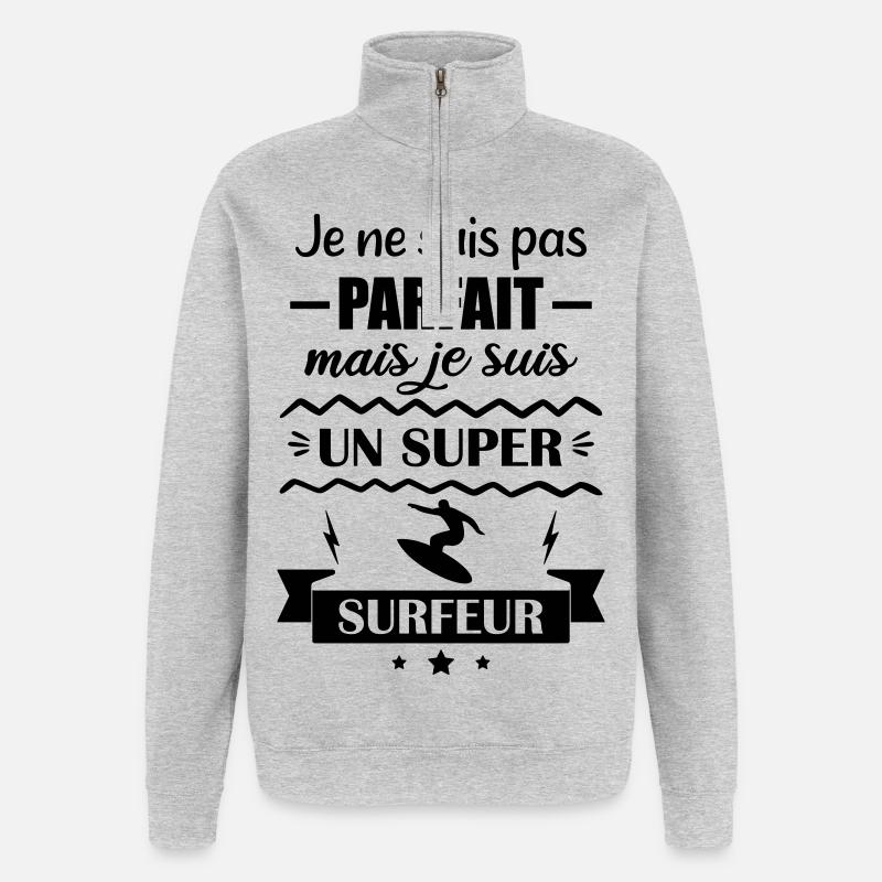 Super Surfeur Vague Océan Surf - Sweat à zip 1/4 - gris chiné