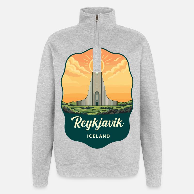 Reykjavik Island Retro Sonnenuntergangsabzeichen - Quarter-Zip-Sweatshirt - Grau meliert