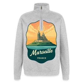 Insigne de voyage vintage de Marseille Notre Dame - Sweat à zip 1/4 - gris chiné - Devant - AI Model Female 172 light (172cm) & AI Model Male 178 dark (178cm)