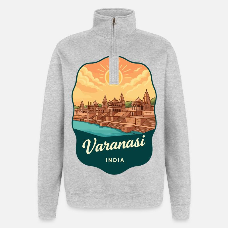 Varanasi-Ganges-Fluss Retro-Sonnenuntergangs-Reiseabzeichen - Quarter-Zip-Sweatshirt - Grau meliert