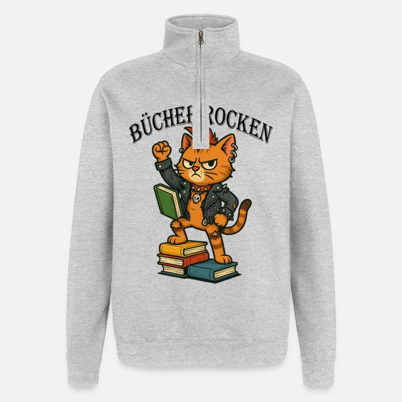Punk-Katze: Bücher rocken! - Quarter-Zip-Sweatshirt - Grau meliert