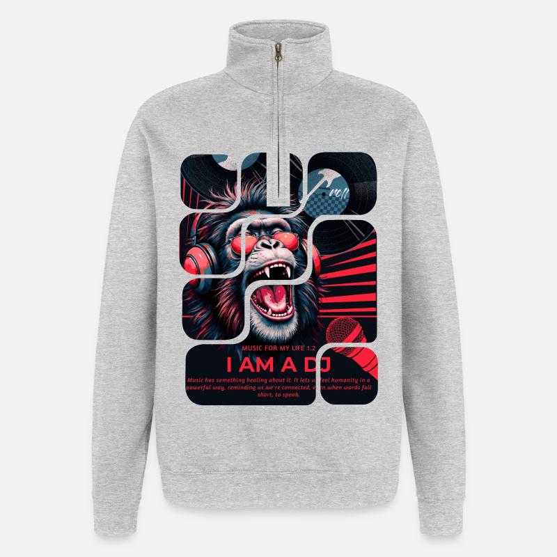 Singe DJ avec casque design néon - Sweat à zip 1/4 - gris chiné