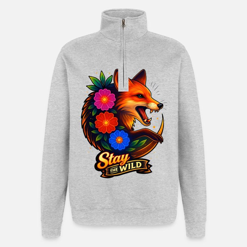 Renard aux fleurs Reste sauvage - Sweat à zip 1/4 - gris chiné