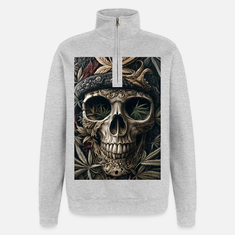 Schädel mit Hanfblattkranz - Quarter-Zip-Sweatshirt - Grau meliert