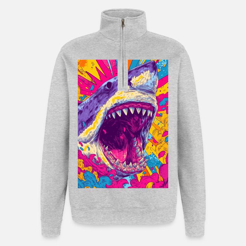 Explosion de requin psychédélique - Sweat à zip 1/4 - gris chiné