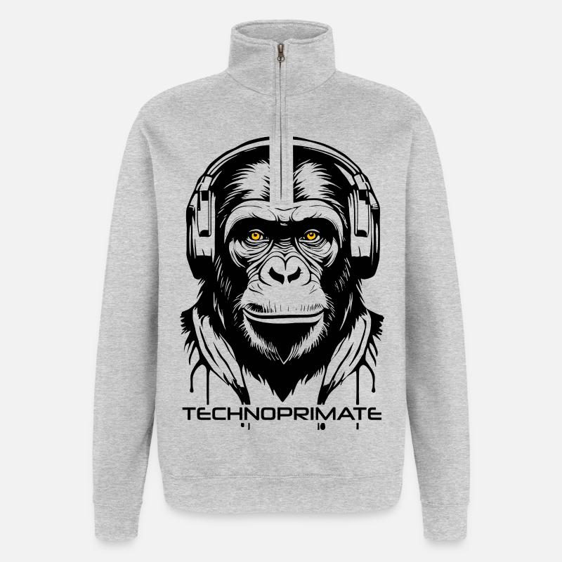 Techno Primate Casque Ape Art #1 Noir - Sweat à zip 1/4 - gris chiné