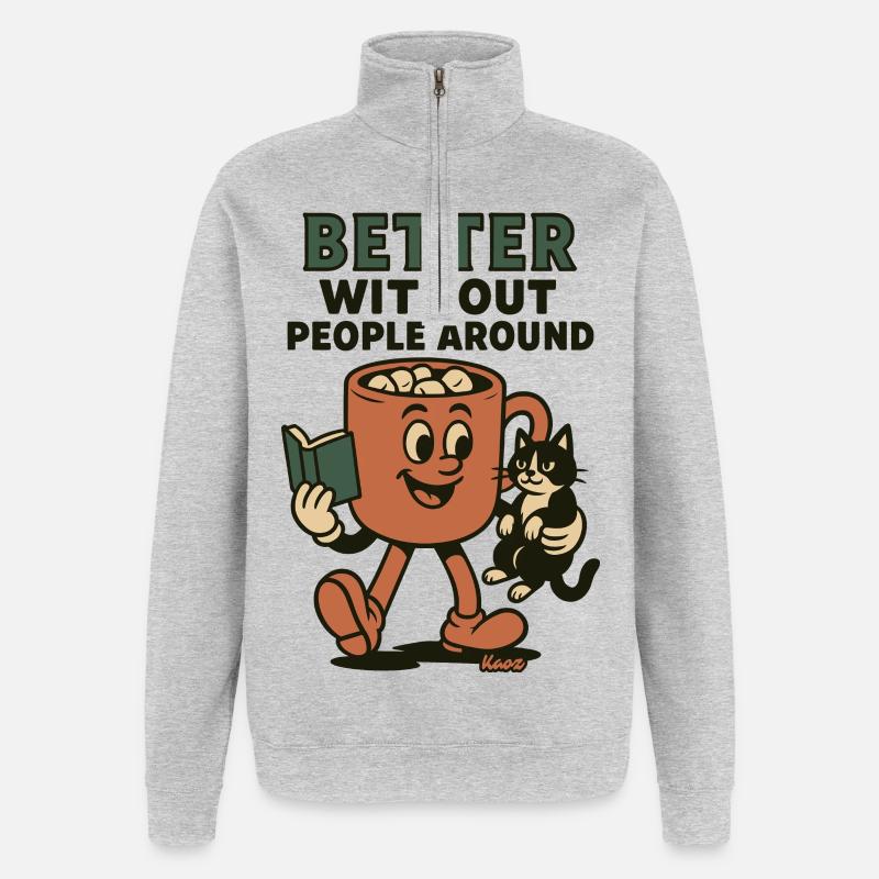 Besser Ohne Menschen Kaffee und Katze - Quarter-Zip-Sweatshirt - Grau meliert
