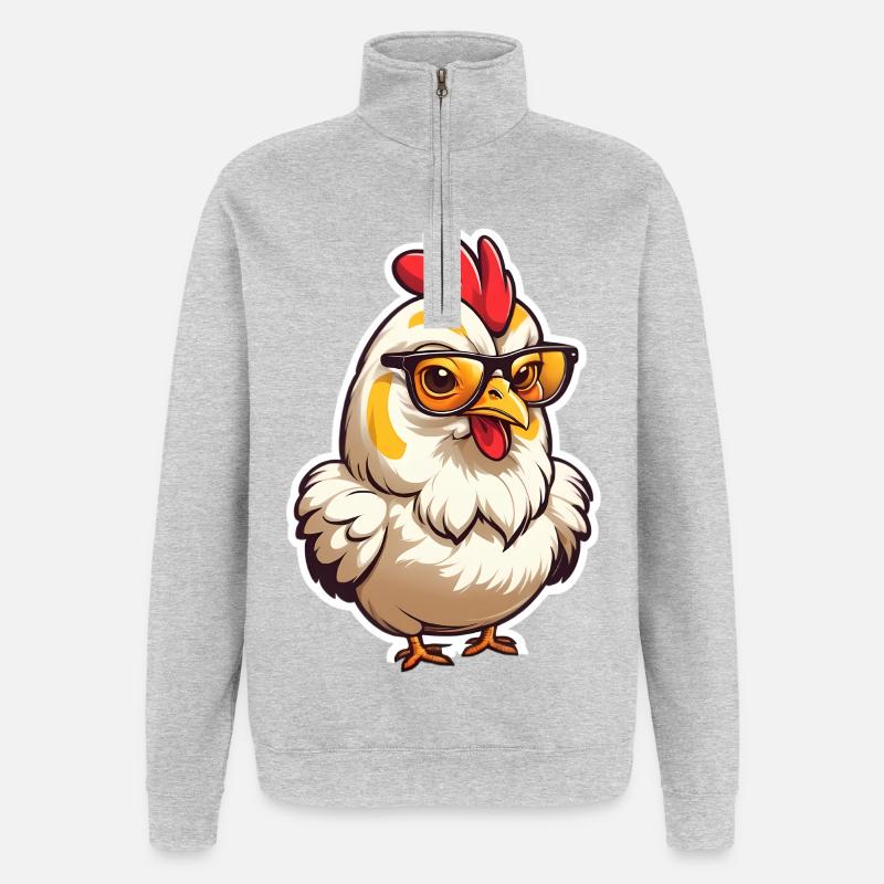 Dessin animé de poulet à lunettes - Sweat à zip 1/4 - gris chiné