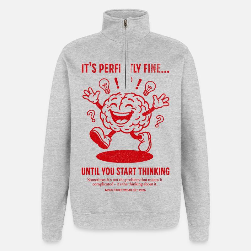 Rotes Gehirn Comic: Denkstopp - Quarter-Zip-Sweatshirt - Grau meliert