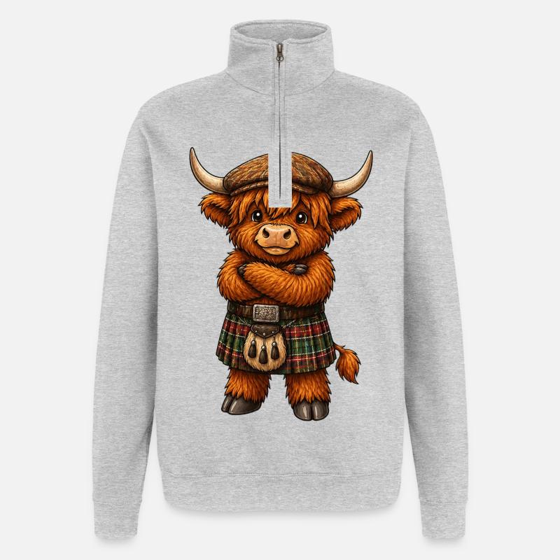Highlandcattle mit Kilt - Quarter-Zip-Sweatshirt - Grau meliert