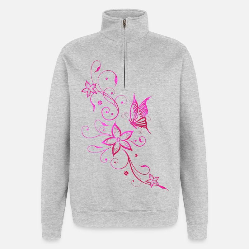Papillon rose vrille fleurs d'été - Sweat à zip 1/4 - gris chiné