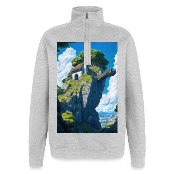 Mountain house landscape - Sweat à zip 1/4 - gris chiné - Devant - AI Model Female 172 light (172cm) & AI Model Male 178 dark (178cm)