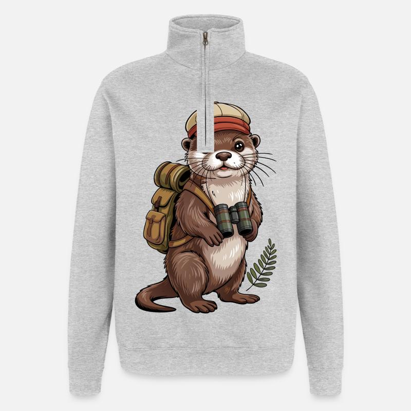Loutre d’aventure avec jumelles - Sweat à zip 1/4 - gris chiné