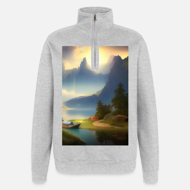 Landschaft mit See, Boot und Berge - Quarter-Zip-Sweatshirt - Grau meliert